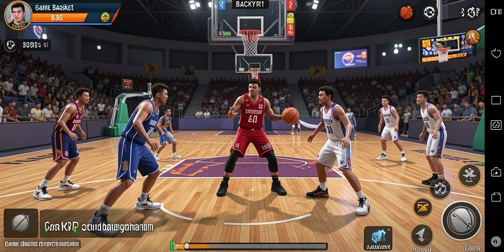Tampilan antarmuka LUCKYRP dengan aksi seru di lapangan Basket.